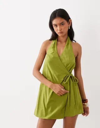 ASOS DESIGN cotton/linen halterneck wrap mini sundress in dark lime