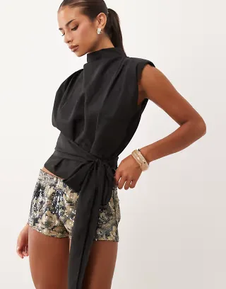 Lioness Penthouse funnel neck structured tie waist top in black - part of a set