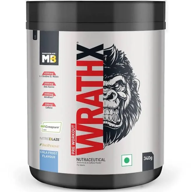 MuscleBlaze Pre Workout WrathX with Creapure ï ̧ , Nitroblaze & BioPerine (Cola Frost, 340 g, 20 Servings)