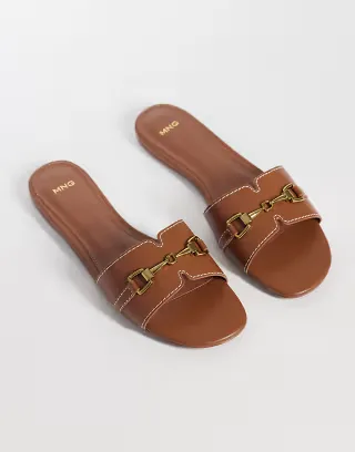 Mango faux leather snaffle detailing slides in medium brown