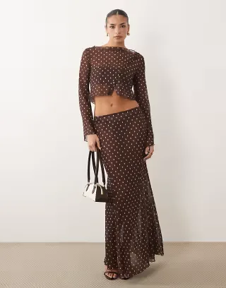 ASOS DESIGN printed mesh maxi skirt set in brown geometric dot