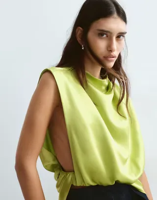 ARRANGE satin minimal drape open side top in lime