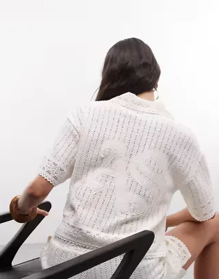 AllSaints Elma short sleeve crochet polo top with back logo in white - part of a set