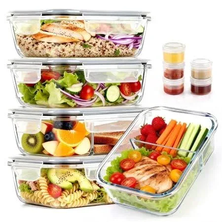 20 Pcs Glass Food Storage Containers with Lids 22oz, 1 & 2 Compartment Glass Airtight Meal Prep Containers with Sauce Co