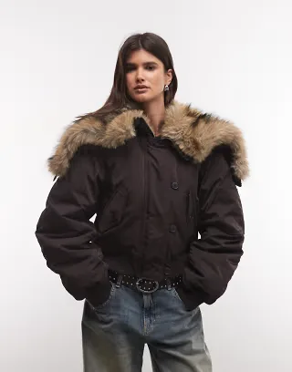 Weekday cropped bomber jacket with faux fur zip hood in dark brown