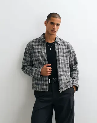 Weekday zip overshirt in black slub plaid