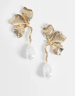 ASOS DESIGN floral pendant earrings with faux-pearl drops in gold tone