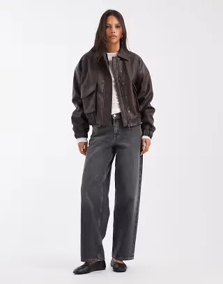 PIECES faux leather pocket detail bomber jacket in chocolate brown