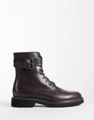 ASOS DESIGN lace up boots with buckle detail and cleated sole in burgundy
