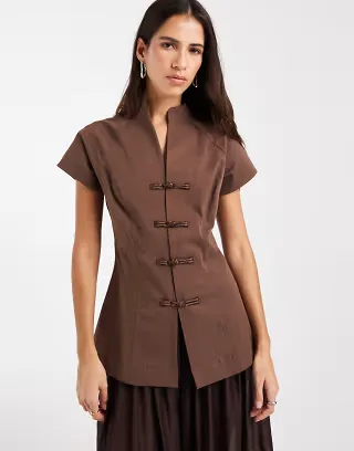 ASOS DESIGN mandarin colllar cap sleeve blouse in brown - part of a set