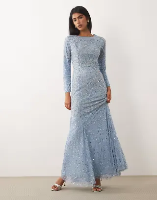 Beauut embellished long sleeve maxi dress in light blue