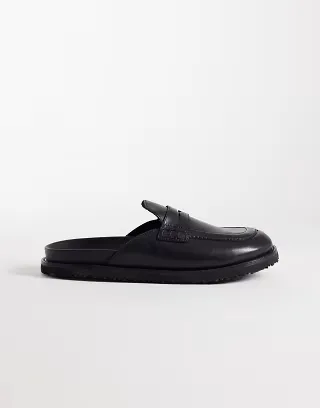 Jack & Jones leather loafer mules in black