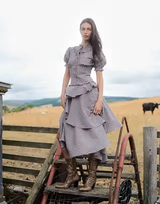 Daisy Street high neck ruffle maxi dress with asymmetric ruffle skirt in brown navy plaid