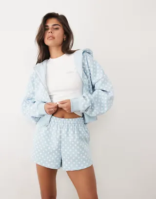 Kaiia cotton rich embroidered logo detail sweat shorts in baby blue polka - part of a set