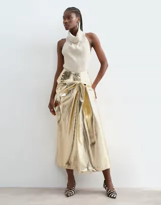 ARRANGE metallic hitched side midi skirt in gold