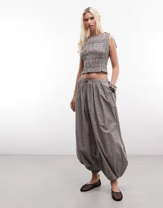 Daisy Street balloon fit pants in brown plaid - part of a set
