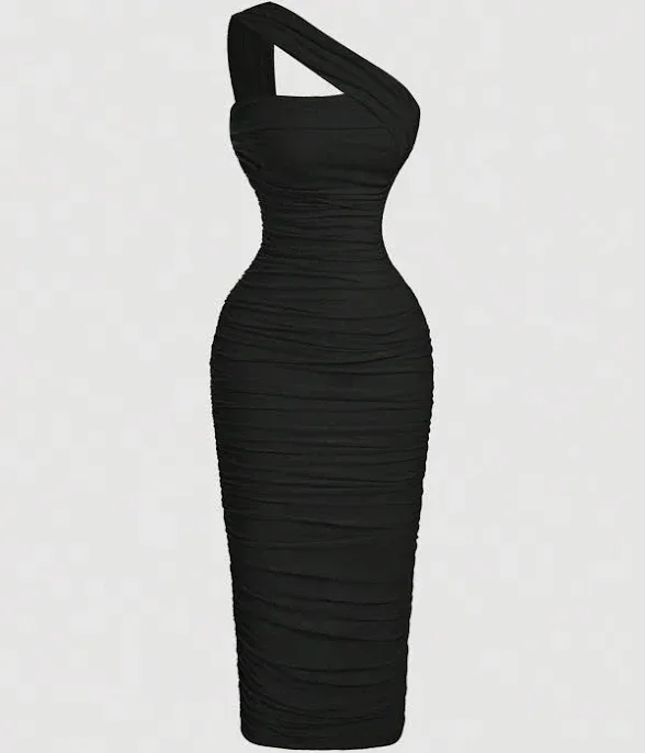 SHEIN Black Asymmetric Ruched Bodycon Dress Women's Wedding Guest Cocktail Midi Slim Fit Mesh Sleeveless Pencil Hem Glam