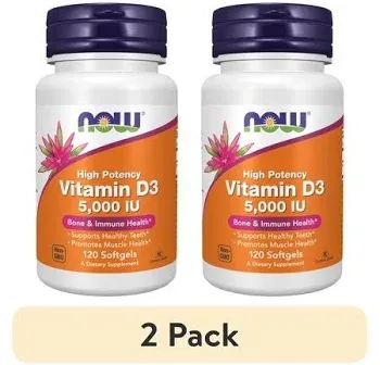 (2 pack) NOW Supplements, Vitamin D-3 5,000 IU, High Potency, Structural Support*, 120 Softgels, Green