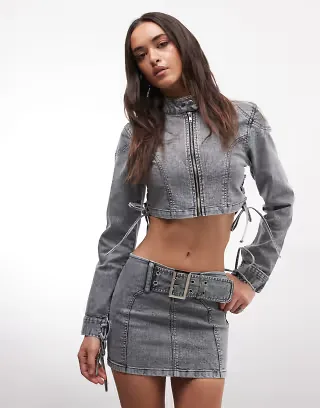 Liquor N Poker bucke belt detail mini skirt in gray wash - part of a set