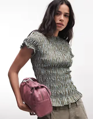 Daisy Street shirred short sleeve top in green blue plaid