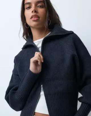 Gina Tricot zip through funnel neck knitted cardigan in navy