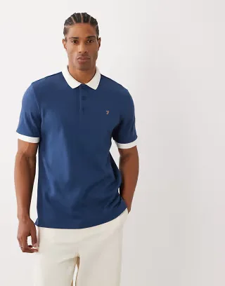 Farah Clement short sleeve textured knit logo polo in blue