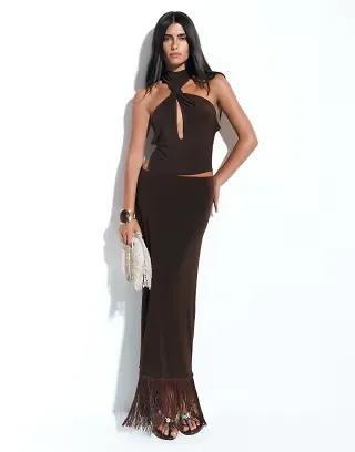 ASOS DESIGN fringed maxi skirt in brown - part of a set