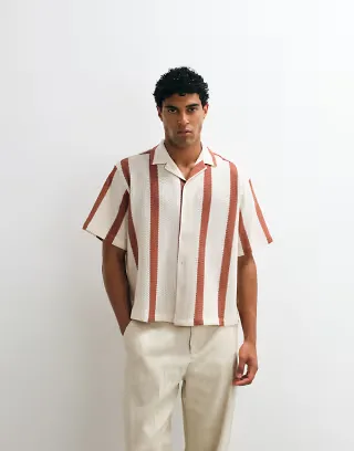 ASOS DESIGN boxy oversized camp collar crochet shirt in beige stripes