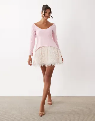 ASOS LUXE structured long sleeve mini dress with fringe skirt in pink