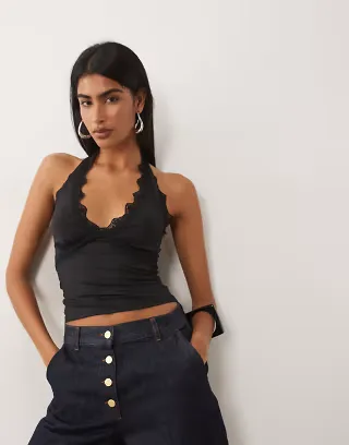 ASOS DESIGN slinky lace trim halterneck top in black