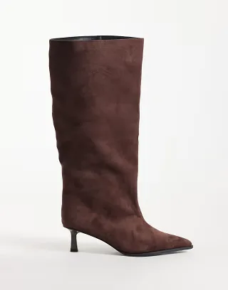 Public Desire Wide Fit Lola kitten heel knee boots in brown suedette