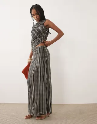 Pretty Lavish Shea mesh column maxi skirt in black and cream stripes - part of a set