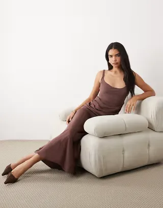 ASOS DESIGN deep scoop neck midaxi dress with asymmetric draped skirt overlay in chocolate