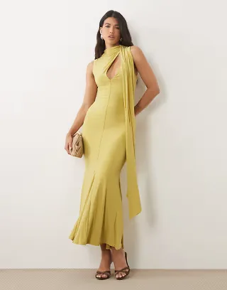 ASOS DESIGN sculpting maxi dress with scarf detail in olive