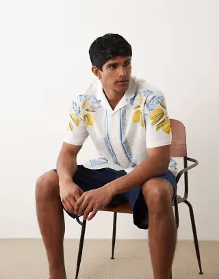 ASOS DESIGN relaxed shirt with linen and border print in white