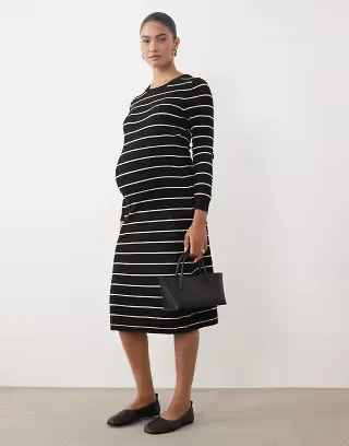 Mamalicious Maternity long sleeve knit midi dress in black with white stripes