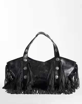 I.AM.GIA Chroma textured faux leather fringed studded detailing oversized shoulder bag in washed black