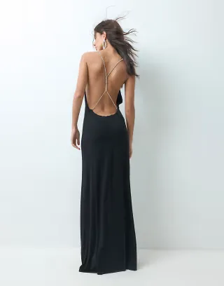 ASOS DESIGN high neck maxi dress with diamante cross back twist detail in black