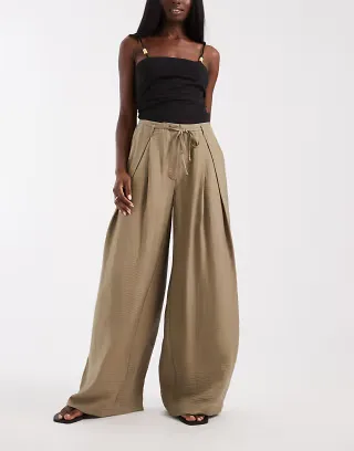 ASOS DESIGN textured wide leg pants with tie waist in khaki