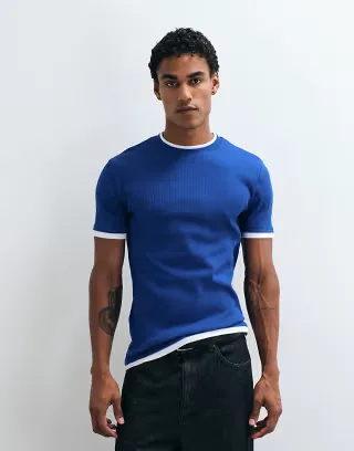 ASOS DESIGN slim T-shirt with double layer in blue and white rib