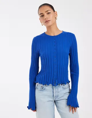 ASOS DESIGN wide rib knit ruffle cuff and hem cardigan in cobalt blue