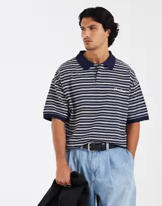 Cotton On box fit polo shirt in indigo stripes