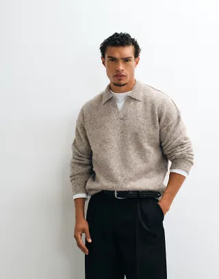 ASOS DESIGN relaxed knit exposed seams notch neck sweater in taupe