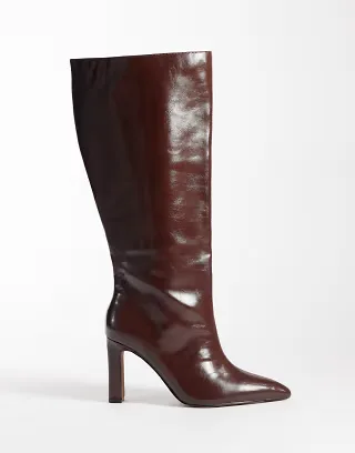 ASOS DESIGN Curve Charming heeled knee boots in chocolate