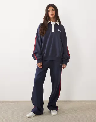 Kaiia cotton rich embroidered logo detail collared side stripe rugby sweatshirt and sweatpants in navy and red