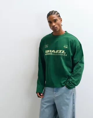 ASOS DESIGN boxy oversized long sleeve t-shirt with Brazil graphic in washed green