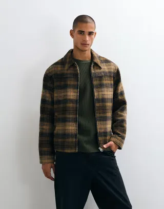 ASOS DESIGN zip up wool look jacket in beige plaid