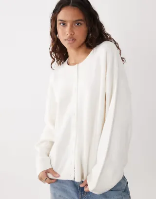 ASOS DESIGN fluffy relaxed crew neck cardigan in cream