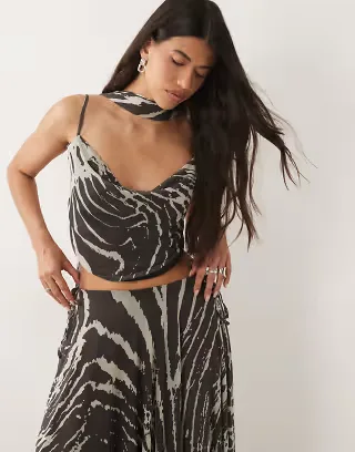 ASOS DESIGN cowl neck zebra top with scarf - part of a set
