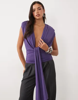 ASOS DESIGN shoulder pad draped top in plum